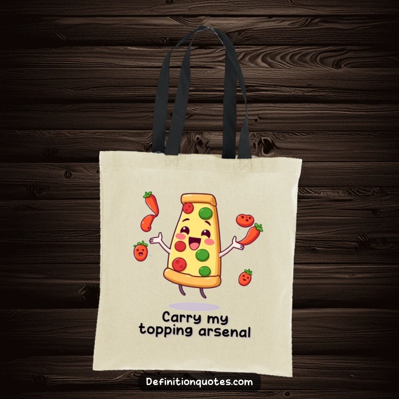 Funny Pizza Juggling Pepperoni Tote Bag: A delighted pizza slice character comically juggles flying pepperoni slices, great for shopping.