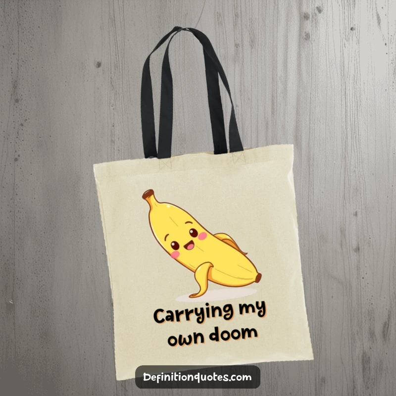 Funny banana character slipping on its peel, on a durable tote bag.