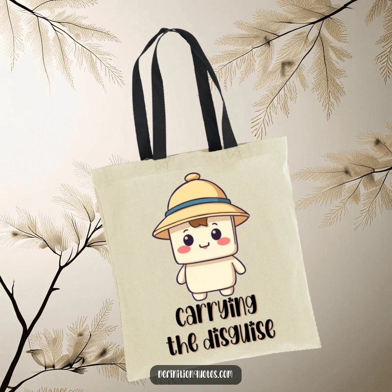 Funny tote bag with a happy blocky character struggling to wear a comically small hat over its eyes, a humorous accessory.