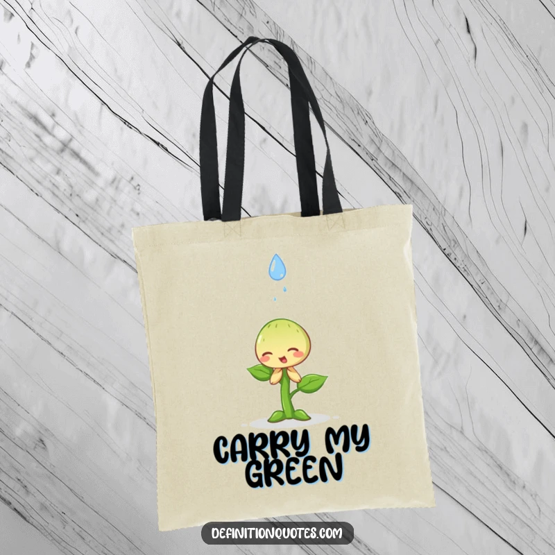 Funny happy little sprout dramatically bowing to a falling raindrop on a tote bag, a stylish and humble accessory.