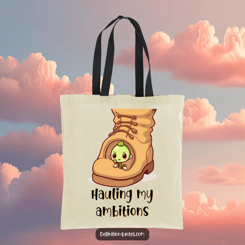 Funny tote bag illustrating a determined sprout character pushing a comically large acorn uphill, a humorous symbol of strength and effort.