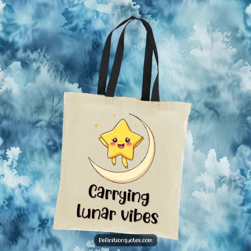 Funny tote bag with a joyful star character dancing on a crescent moon, ideal for carrying everyday items.