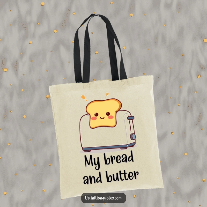 Funny tote bag design with a smiling toast piece popping out of a toaster, conveying surprise.