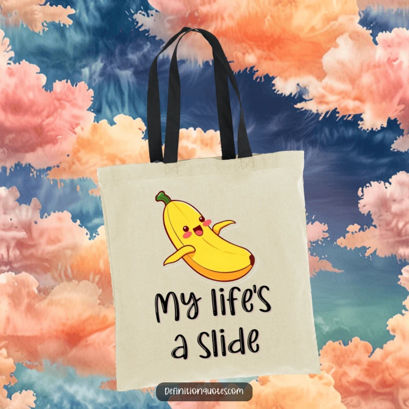 Funny Kawaii banana character with an ecstatic expression, sliding down its peel, featured on a practical and humorous tote bag.