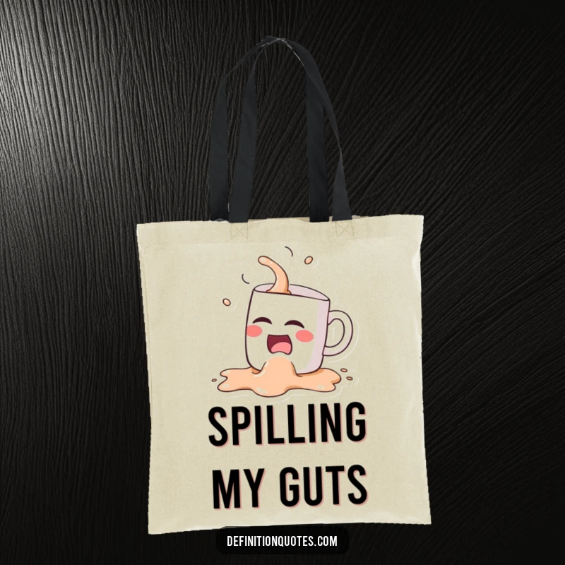 Funny Kawaii coffee mug character, spilling its contents while laughing hysterically, on a stylish and humorous tote bag.
