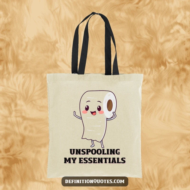 Funny Toilet Paper Roll Tote Bag: A proud toilet paper roll character unspooling itself, perfect for carrying items.